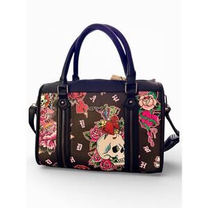 NWT ED HARDY Tattoo Graphic Handbag Skull Zipper Pull Black Crossbody Satchel